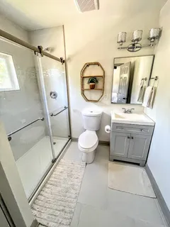 a bathroom with a sink a toilet and a mirror