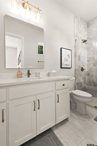 a bathroom with a toilet a sink a mirror and a shower