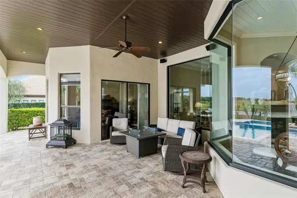 an aerial view of a house with a garden
