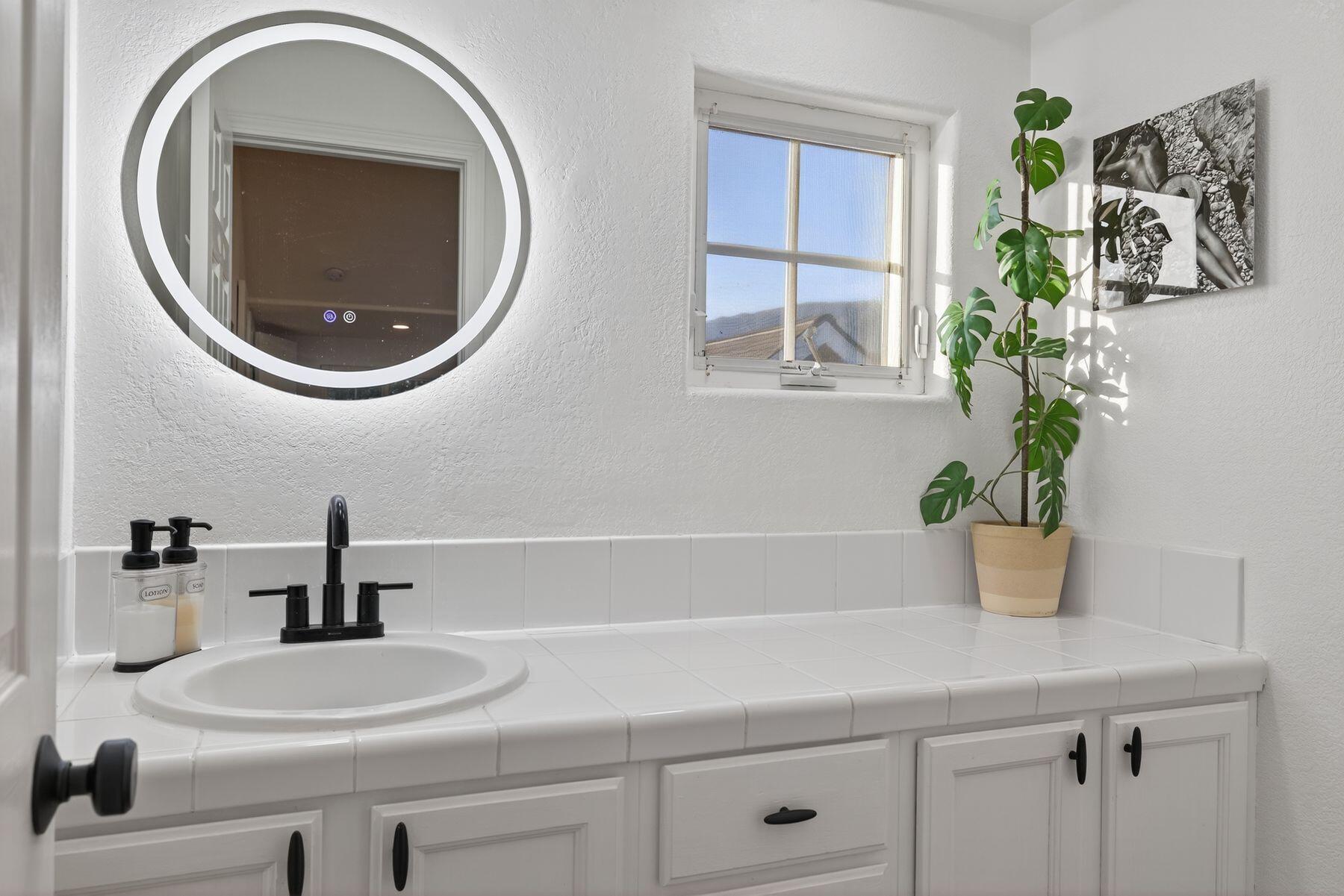 4731 4th Street Carpinteria, CA 93013 - Photo 16 of 30 a bathroom with a sink a mirror and a potted plant