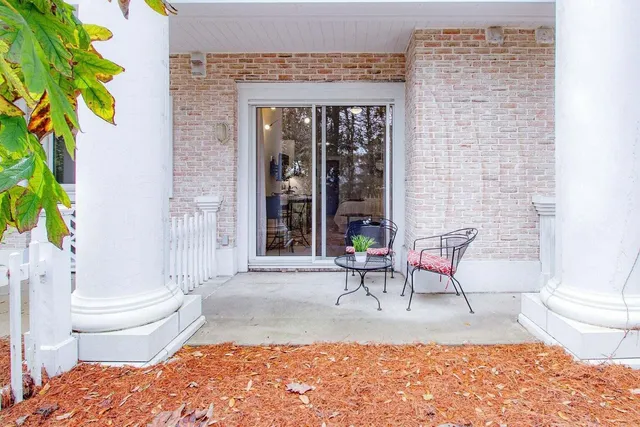 a view of a patio with couple of chairs and a potted plant
