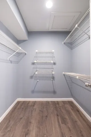 a view of a room with racks on the wall