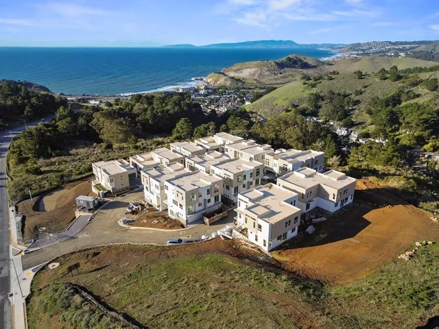 an aerial view of a swimming pool