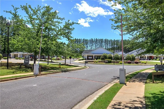a view of a park with large trees