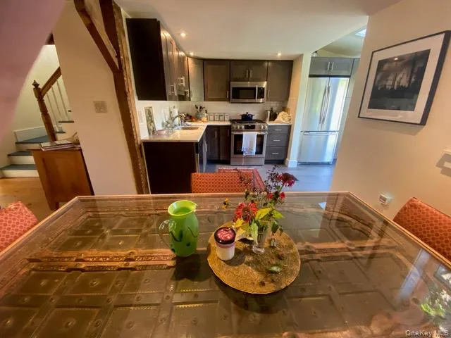 a view of a dining room with furniture