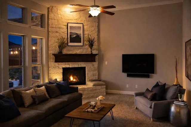 a living room with furniture a flat screen tv and a fireplace