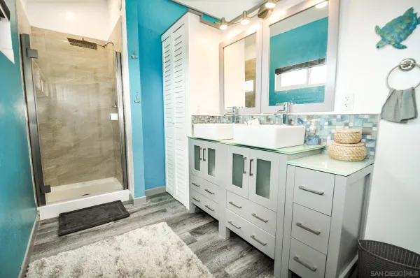 a bathroom with a double vanity sink a mirror and a shower