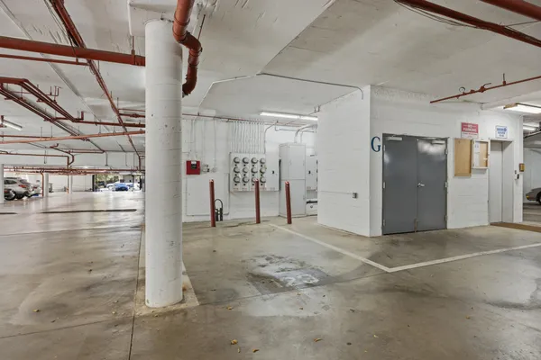 a view of a hallway with storage