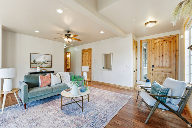 3026 Lower Saddleback Road Park City, UT 84098 - Photo 8 of 71 Living area featuring recessed lighting, wood finished floors, ceiling fan, and beam ceiling