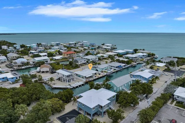 an aerial view of a city with lots of residential buildings and ocean view in back