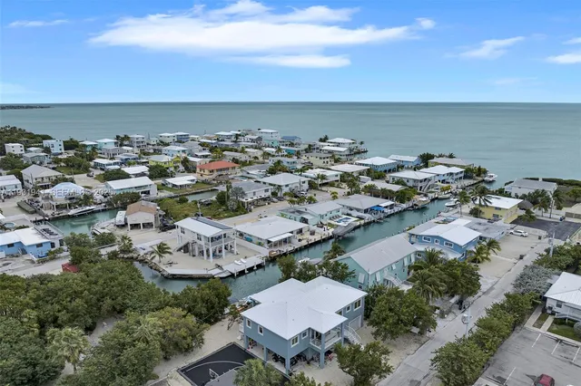 an aerial view of a city with lots of residential buildings and ocean view in back
