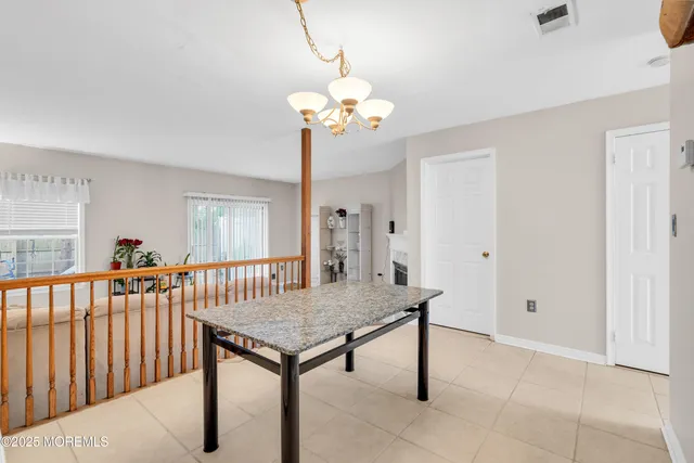 a view of a chandelier in a room