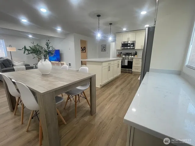 a view of a kitchen and dining room