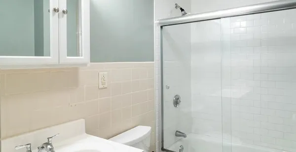 a bathroom with a shower and a toilet