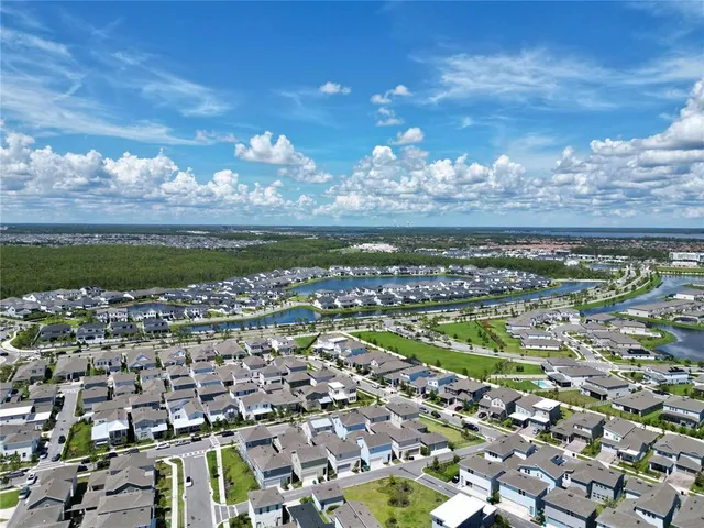 a view of a lake with a city