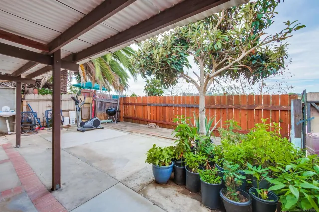 a garden view with a seating space