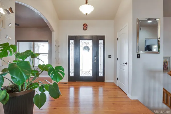 a view of a hallway with wooden floor and a potted plant