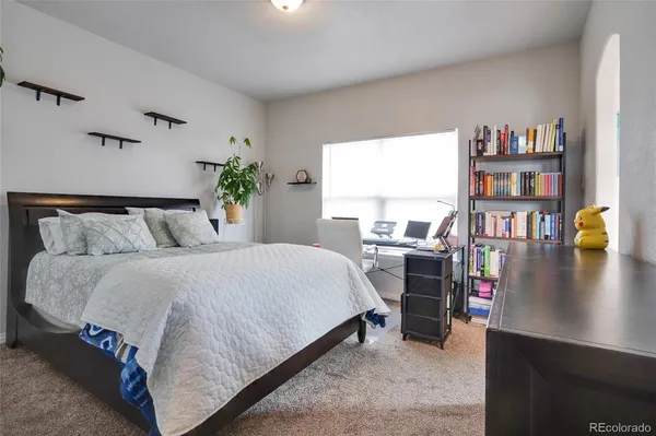 a bedroom with a bed and a book shelf