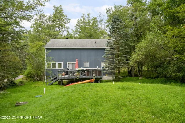 a view of a backyard with plants and a patio