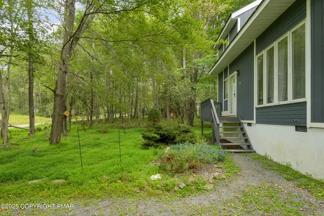 a view of a garden with a small pool