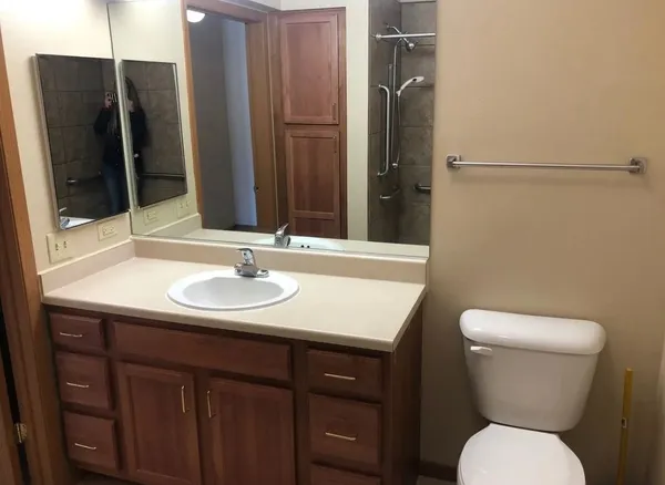a bathroom with a sink a toilet and a mirror