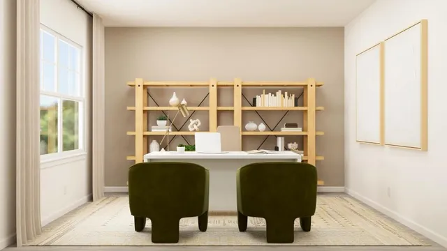 a view of a dining room with furniture and a window