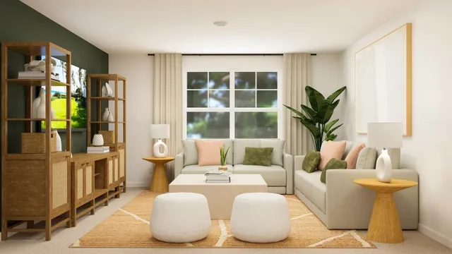 a living room with furniture and a potted plant