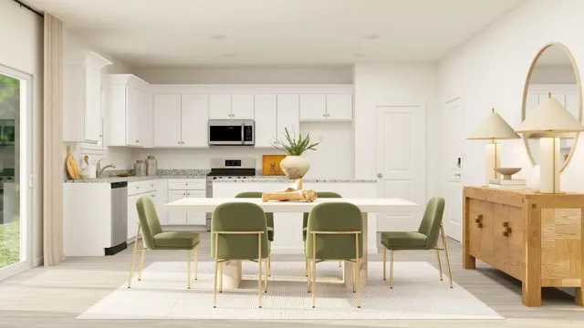 a kitchen with a dining table chairs and white cabinets