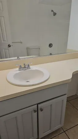 a bathroom with a sink and a mirror