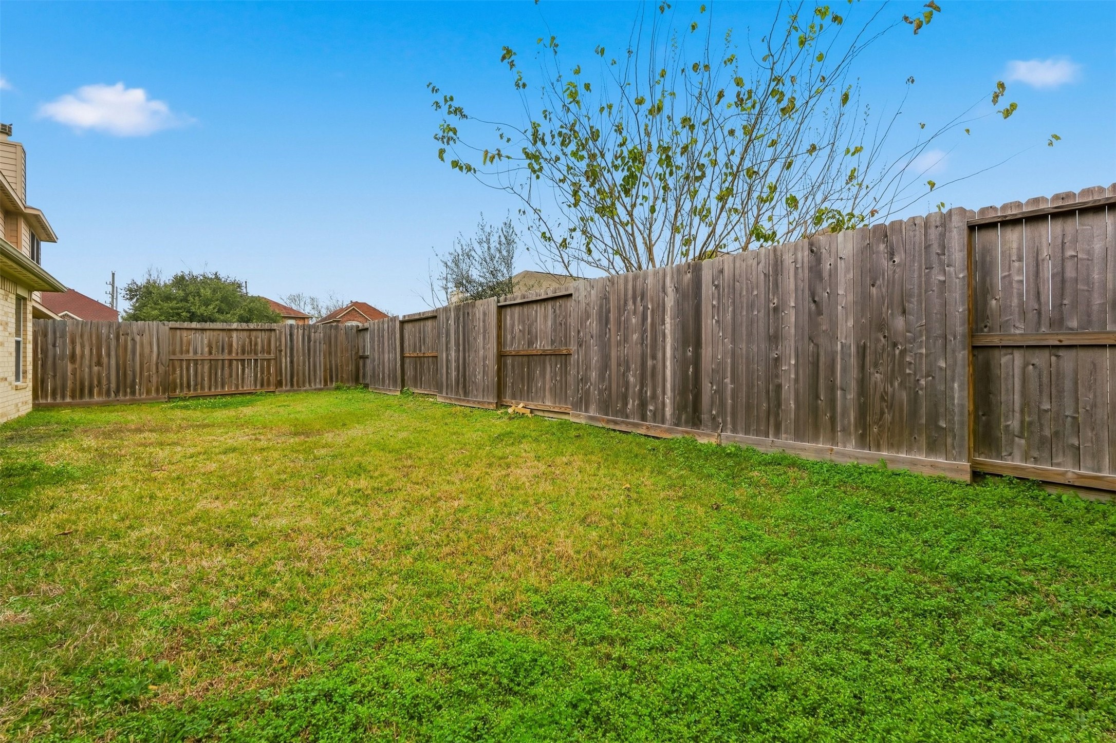 16518 Dover Mills Drive Spring, TX 77379 - Photo 26 of 28 a view of a backyard with a tree and wooden fence
