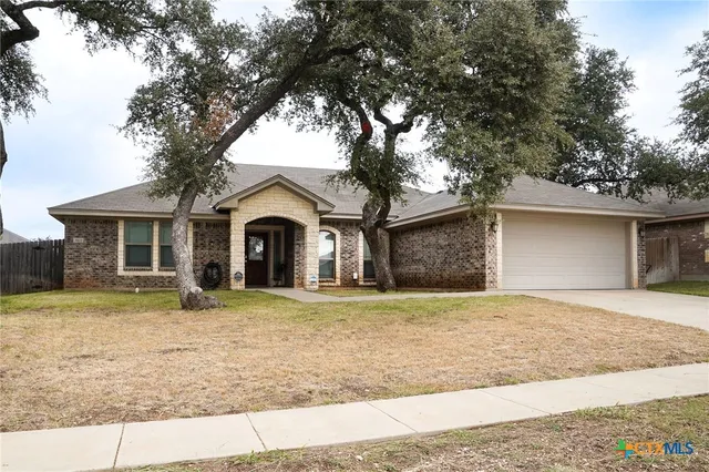a view of a house with a yard and large tree