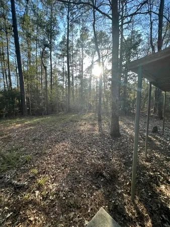 a view of a yard with trees in the background