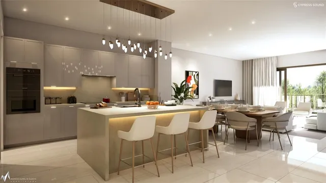 a kitchen with center island table and chairs in it