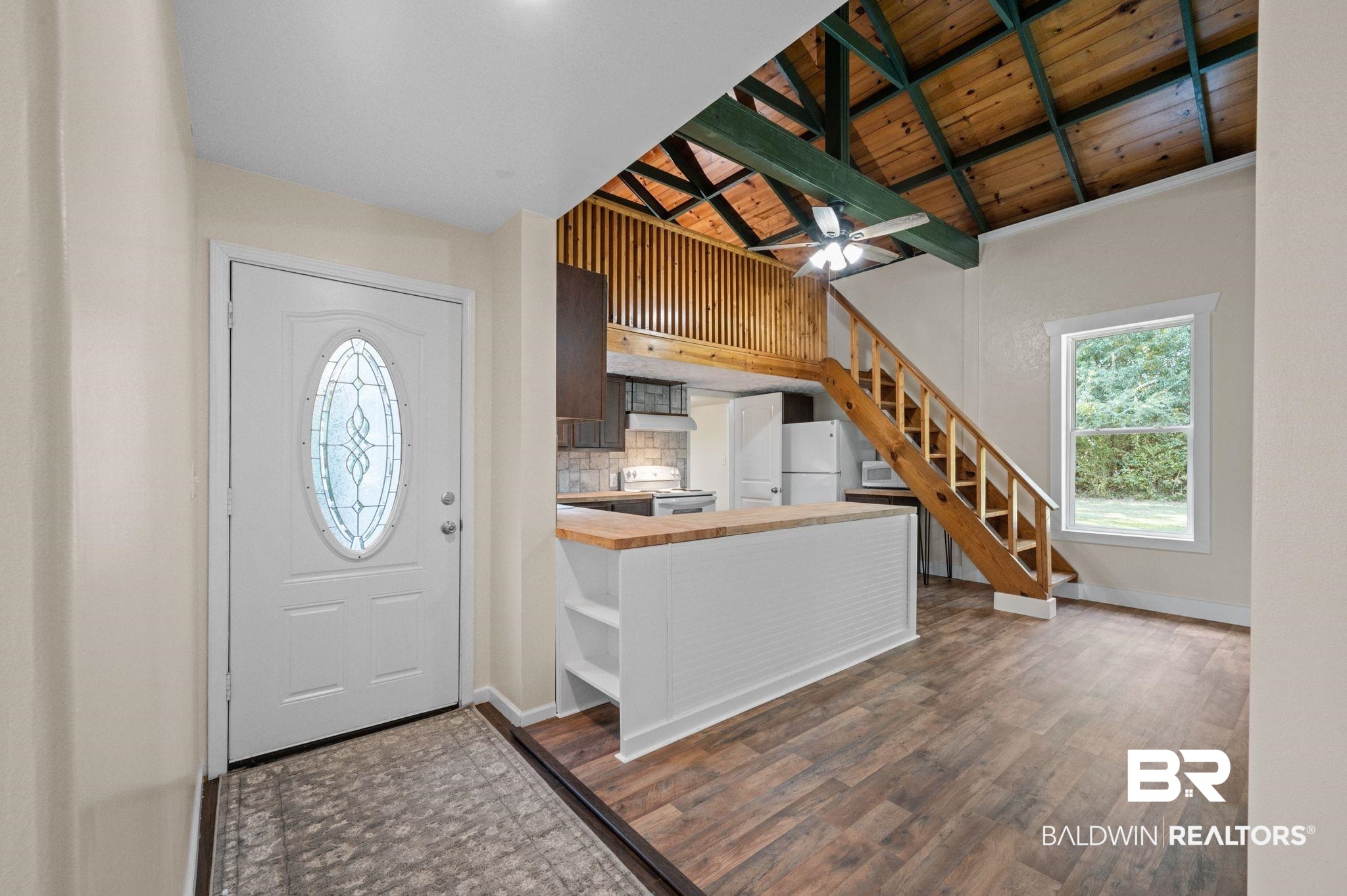 20037 County Road 33 Fairhope, AL 36532 - Photo 42 of 79 Entryway featuring wood ceiling, hardwood / wood-style floors, beam ceiling, and ceiling fan