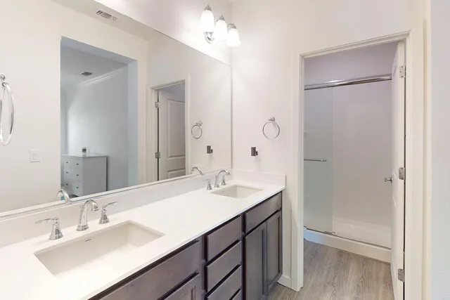 a bathroom with a sink double vanity and a mirror