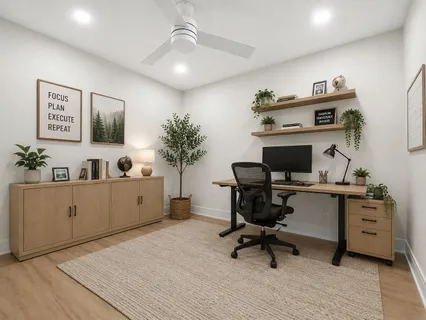 a view of workspace with furniture and wooden floor