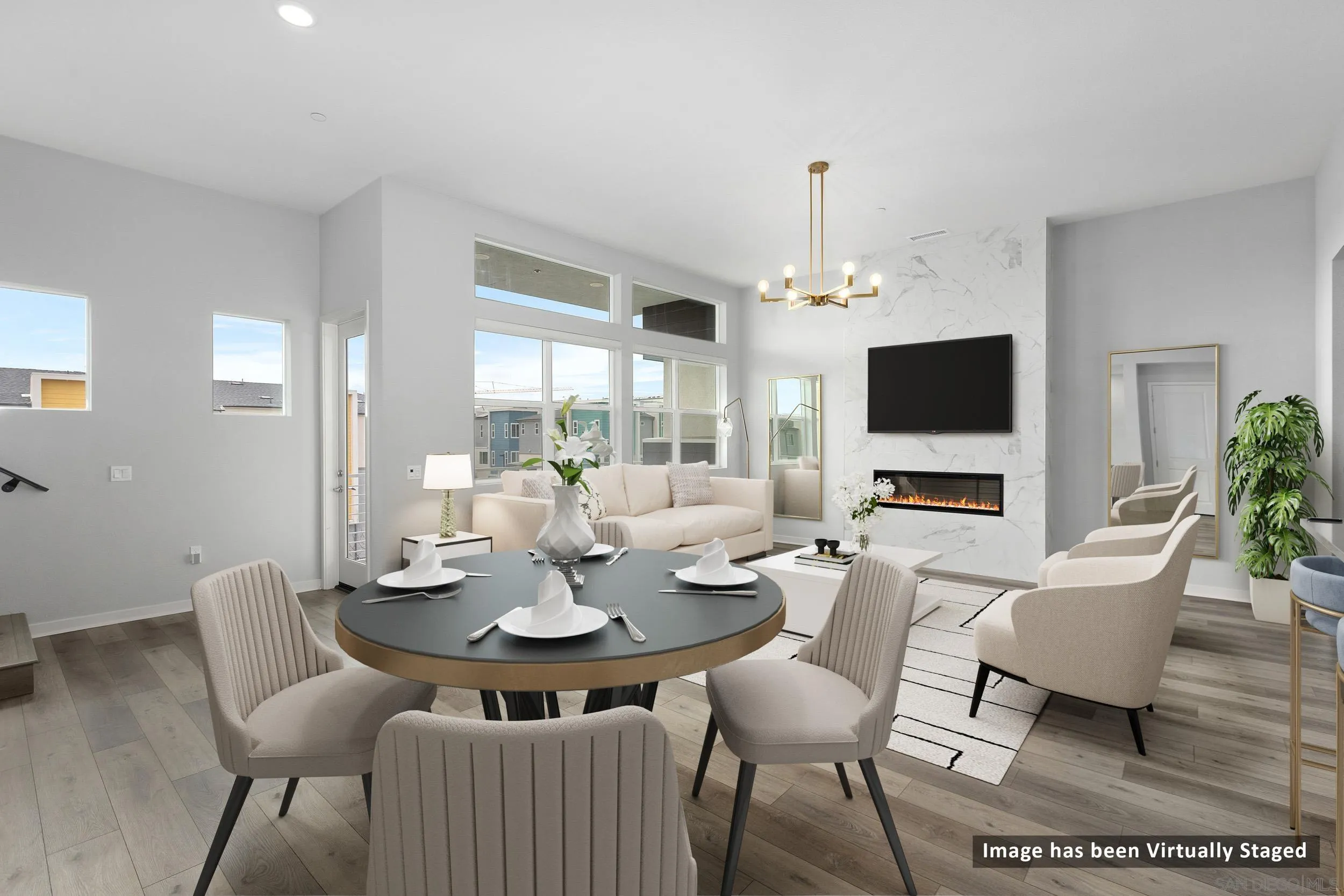 a view of a dining room with furniture
