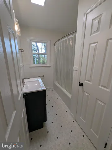 a bathroom with a sink a mirror and a shower
