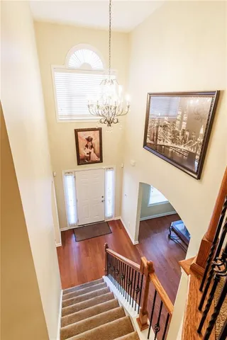 a view of a hallway with windows