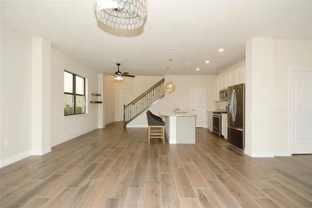 a view of a dining room with furniture