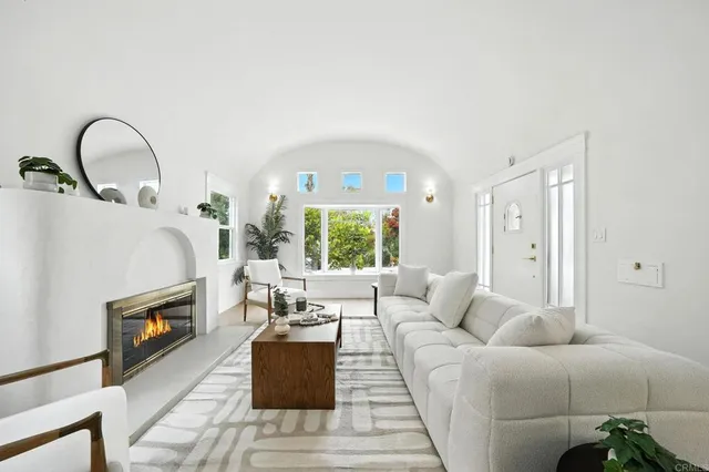 a living room with furniture a fireplace and a potted plant