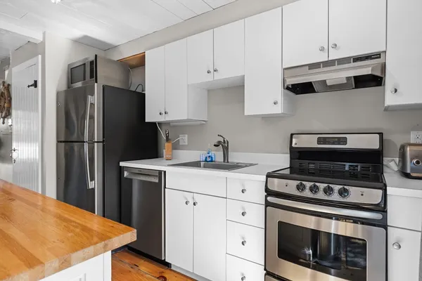 a kitchen with a refrigerator and a sink