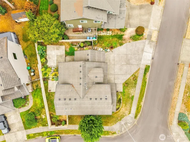 an aerial view of a swimming pool