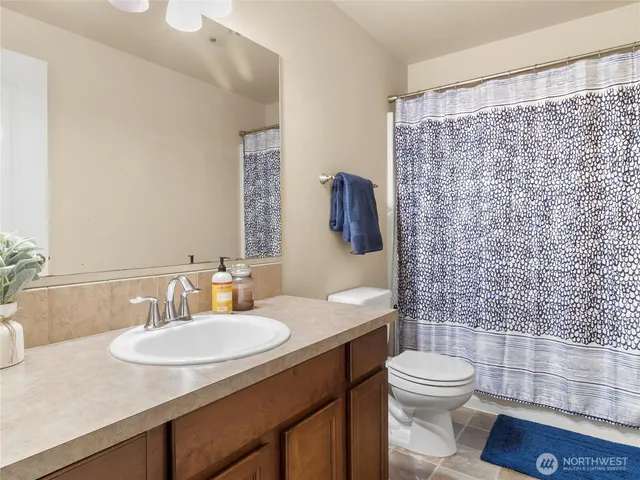 a bathroom with a sink a toilet and shower curtain