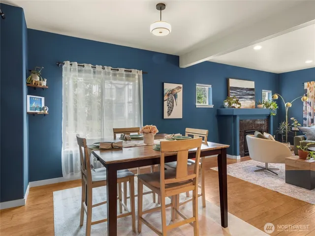 a view of a dining room with furniture
