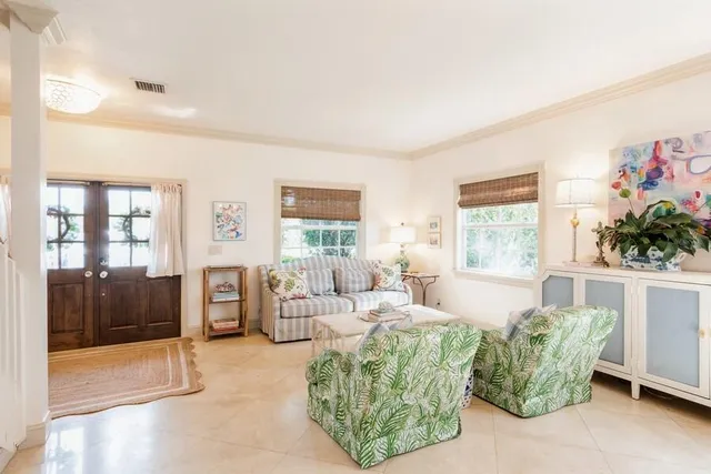 a living room with furniture and a potted plant