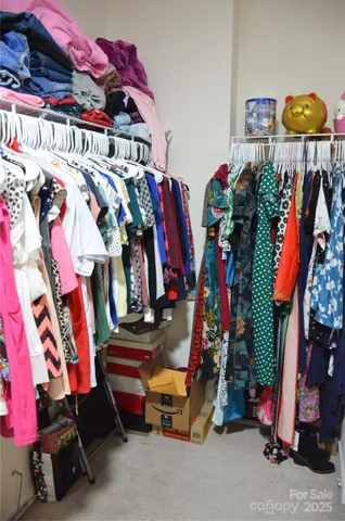 a view of walk in closet with clothes