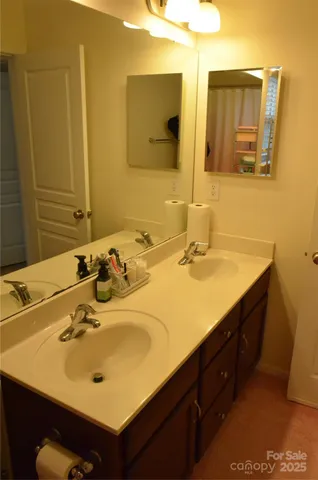 a bathroom with a sink vanity and a mirror