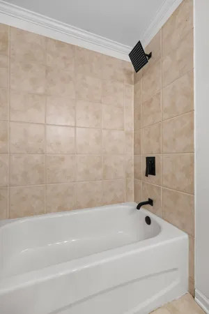 a bathroom with a bathtub and a shower