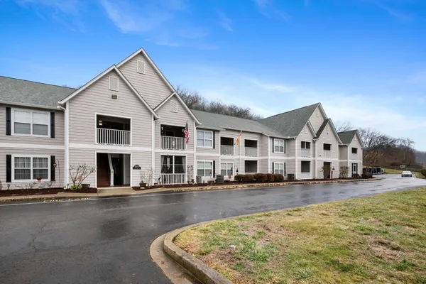 a view of a white building among the water fountain and a large tree